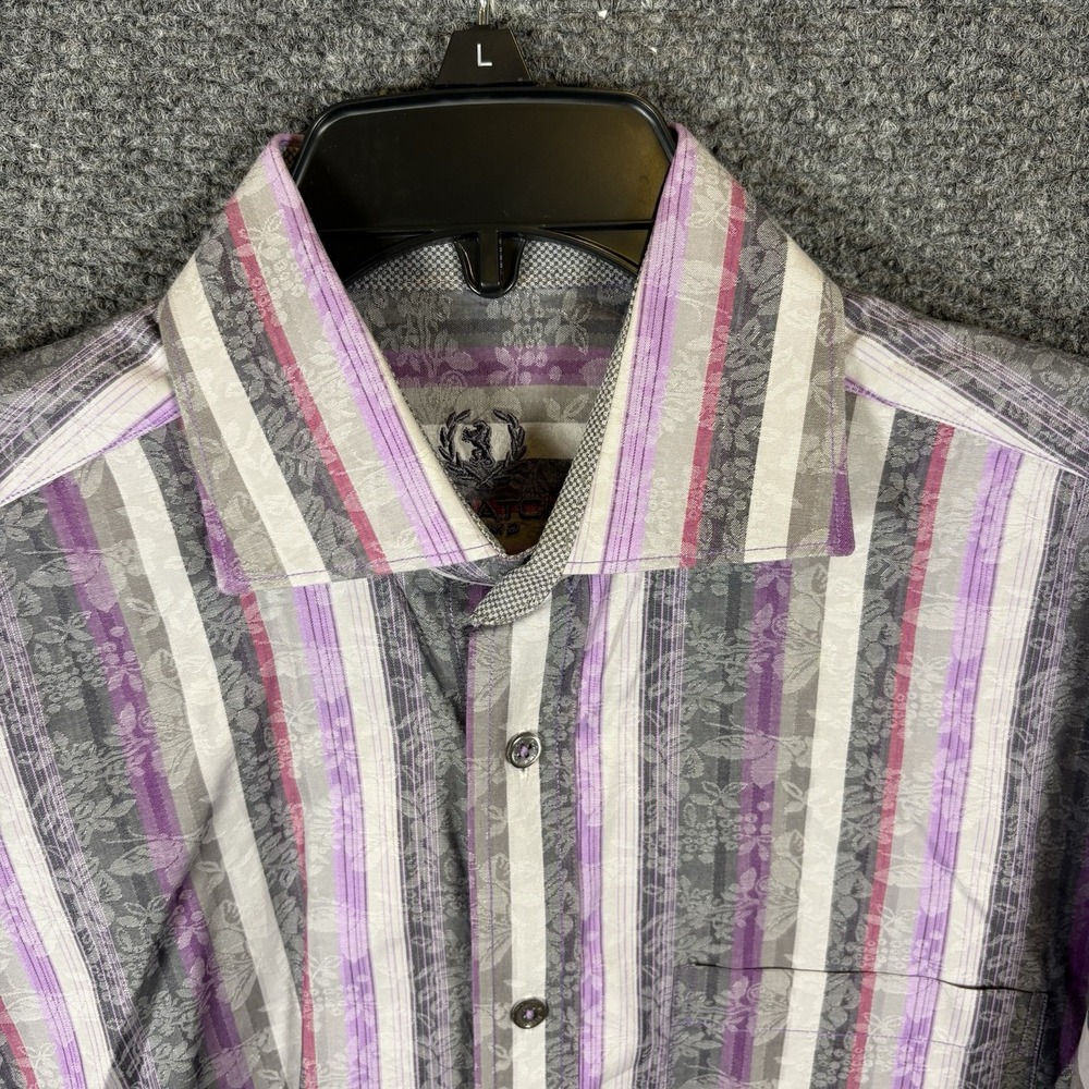 Bugatchi M Shaped Fit Long Sleeve Flip Cuff Multicolor Striped Embroidered Crest